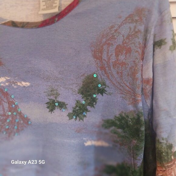 White Stag Womens 3X Blue Print 3/4 Sleeve Top Bling Y2K Grandma - Picture 4 of 6